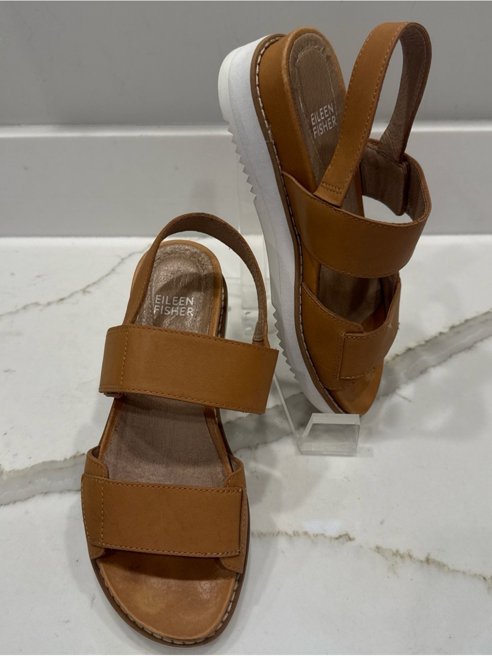 Eileen Fisher Kale Platform Sandals Tan Leather 5.5 Neutral Mimimalist GUC